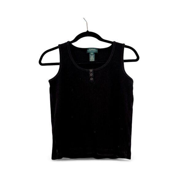 Ralph Lauren Black Ribbed Stretchy Sleeveless Tank Top Buttons Women's Petite L - Picture 1 of 7